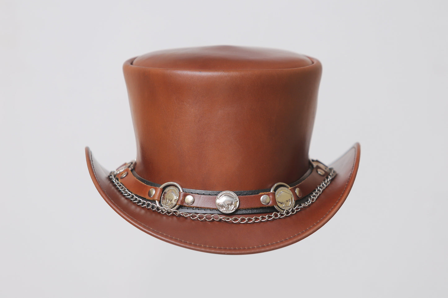 Brown Leather Hat With Chain and Metal logo Leathers Crafted