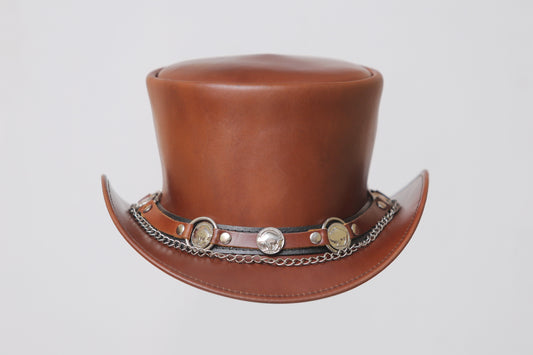 Brown Leather Hat With Chain and Metal logo Leathers Crafted