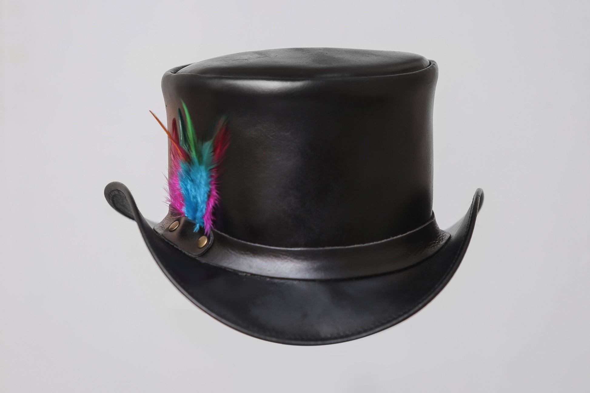 Black Leather Top Hat with Colorful Feather Accent Leathers Crafted