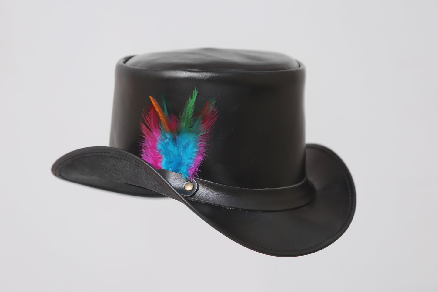 Black Leather Top Hat with Colorful Feather Accent Leathers Crafted