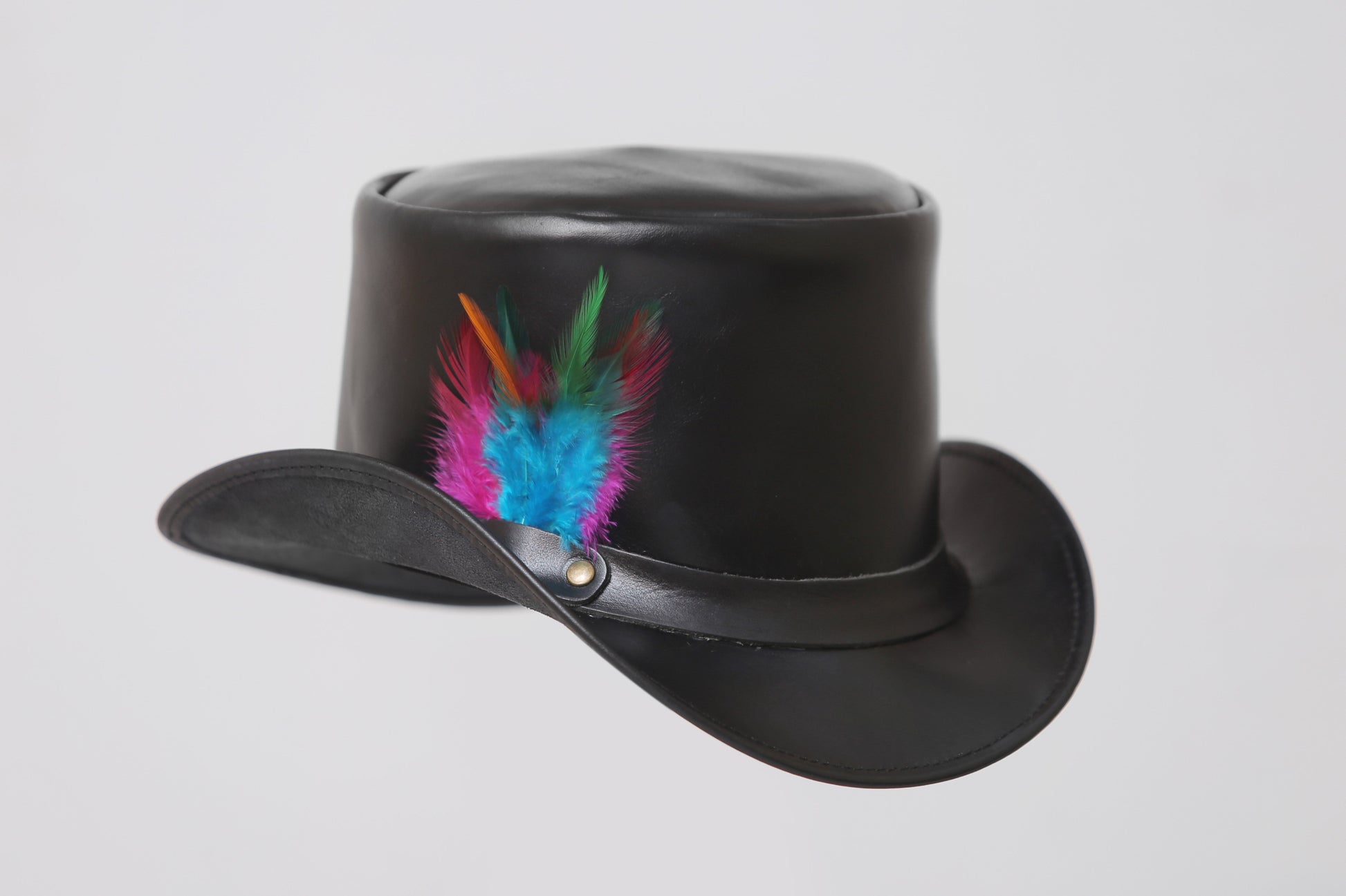 Black Leather Top Hat with Colorful Feather Accent Leathers Crafted