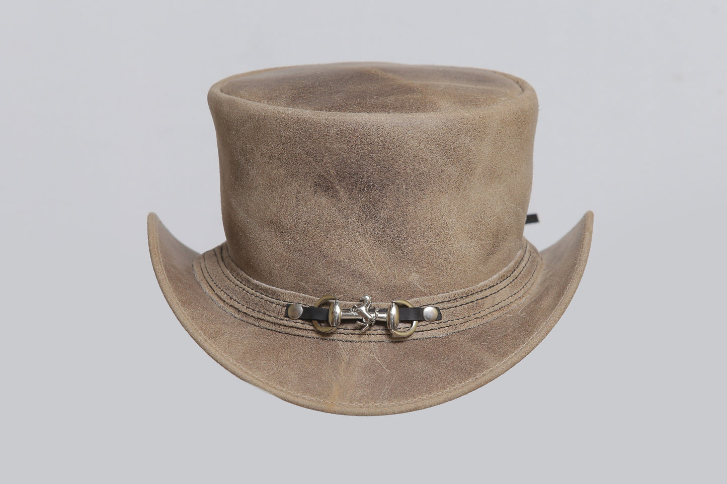 Distressed Brown Leather Top Hat with Decorative Band Leathers Crafted