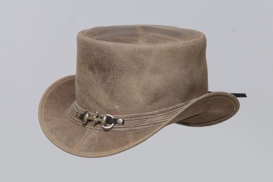 Distressed Brown Leather Top Hat with Decorative Band Leathers Crafted