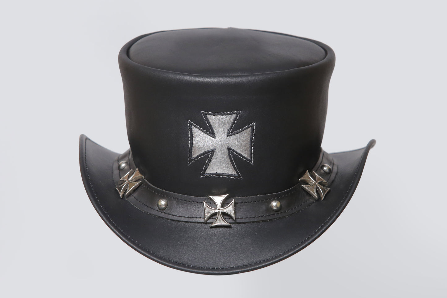 Gothic Black Leather Top Hat with Maltese Cross Design Leathers Crafted