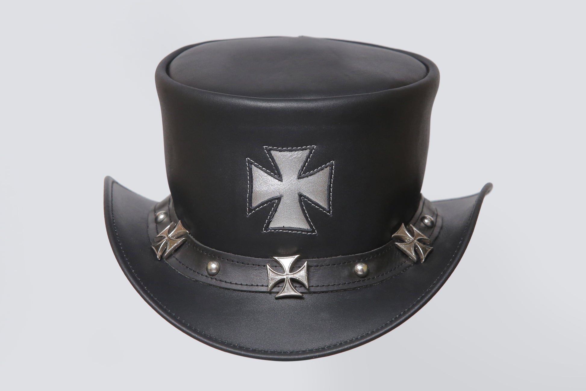 Gothic Black Leather Top Hat with Maltese Cross Design Leathers Crafted