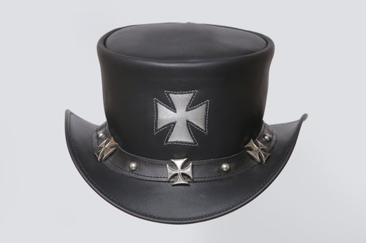 Gothic Black Leather Top Hat with Maltese Cross Design Leathers Crafted