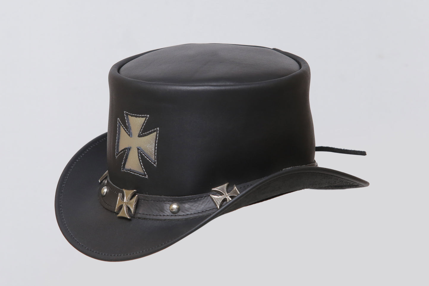 Gothic Black Leather Top Hat with Maltese Cross Design Leathers Crafted