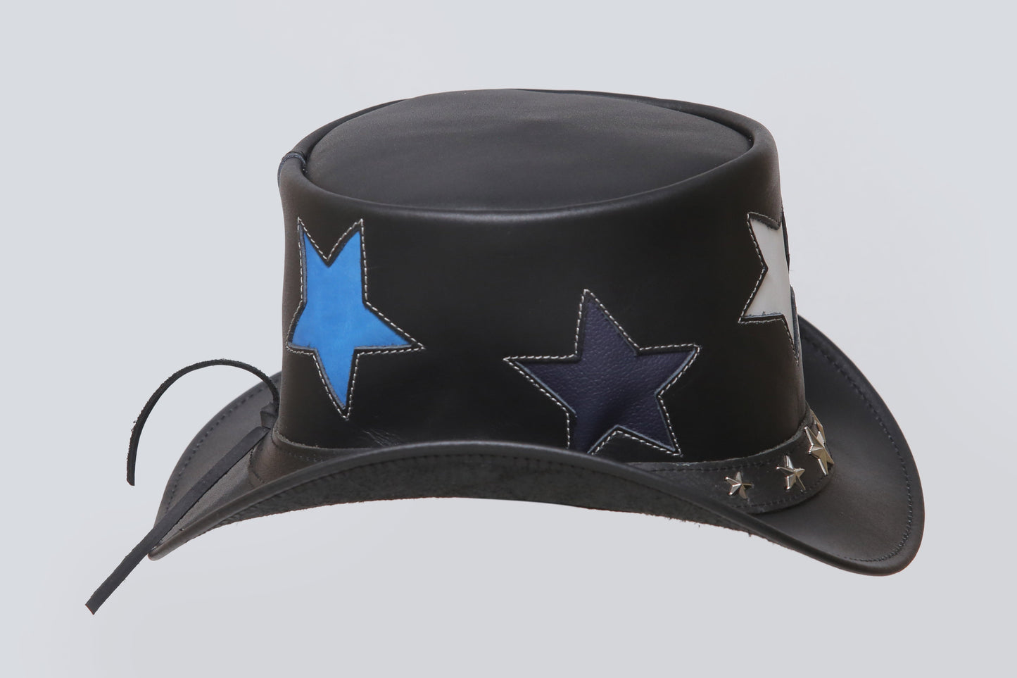 Steampunk Black Leather Top Hat with Five-Star Band Design Leathers Crafted