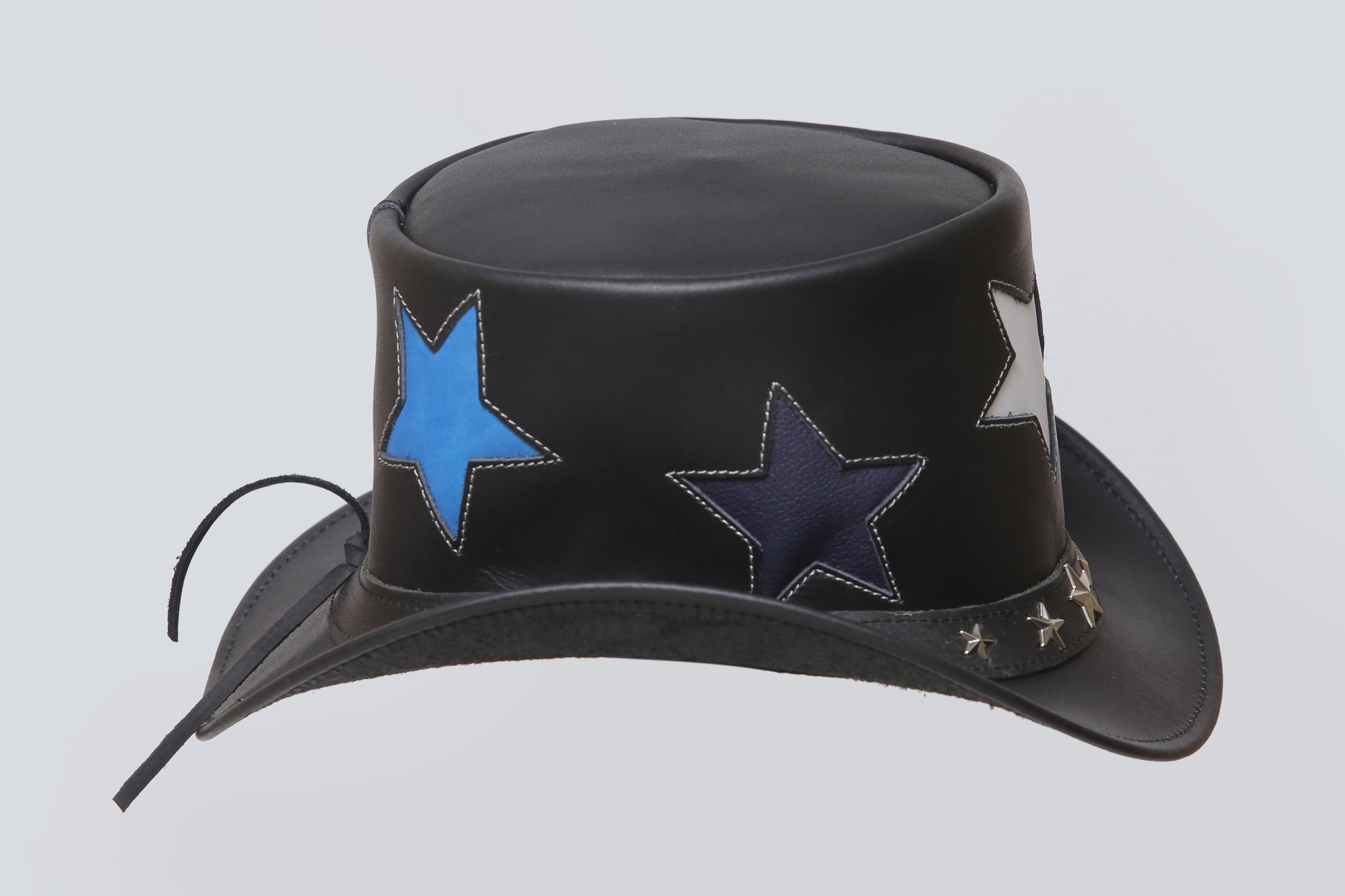 Steampunk Black Leather Top Hat with Five-Star Band Design Leathers Crafted
