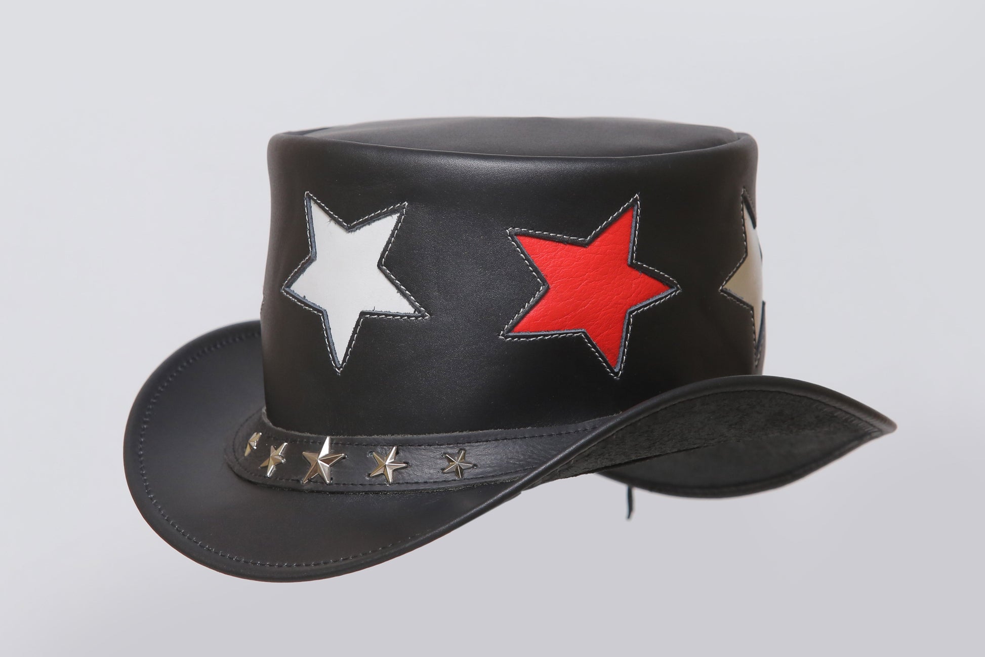 Steampunk Black Leather Top Hat with Five-Star Band Design Leathers Crafted
