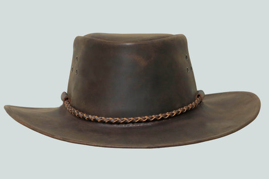 "Circle of Cool: Black Leather Hat with Iconic Metal Ring" Leathers Crafted