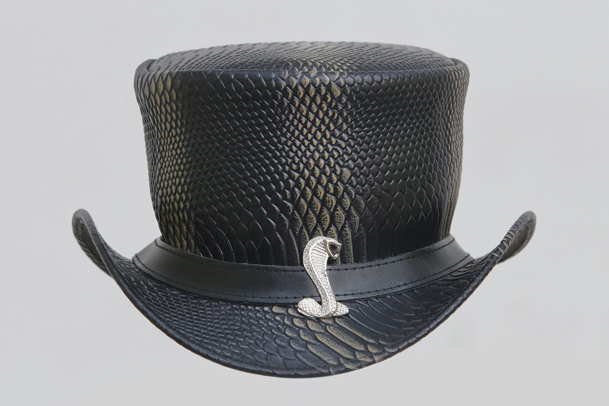 Black Leather Hat with Cobra style Leathers Crafted