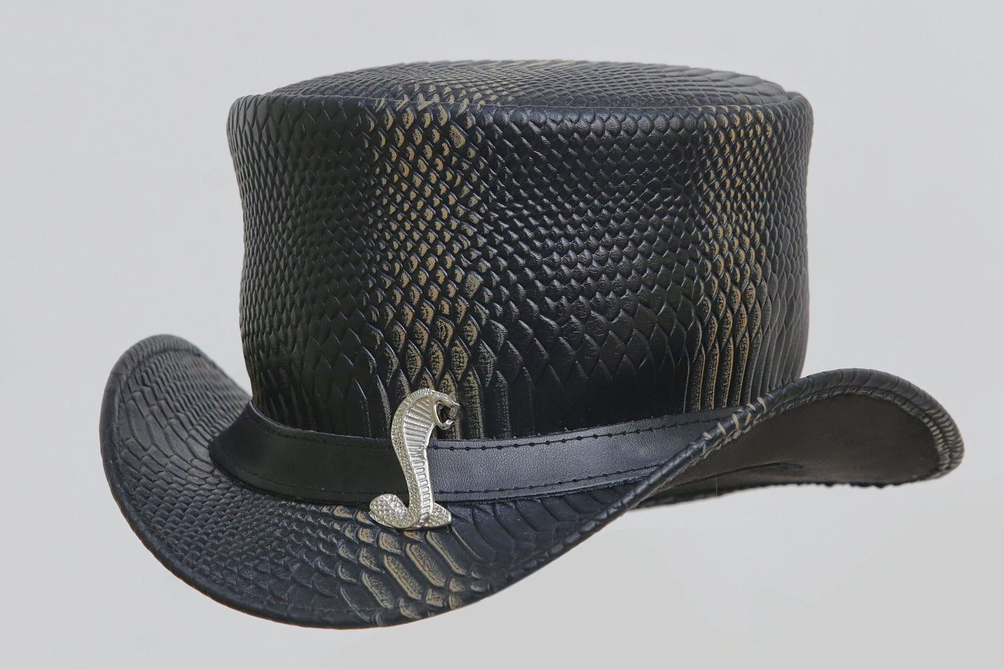 Black Leather Hat with Cobra style Leathers Crafted