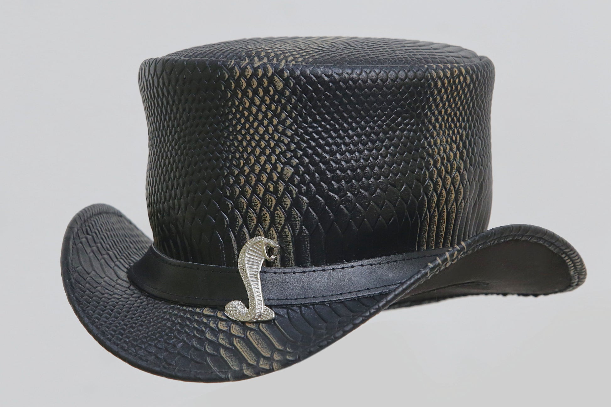 Black Leather Hat with Cobra style Leathers Crafted
