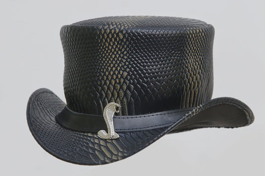 Black Leather Hat with Cobra style Leathers Crafted