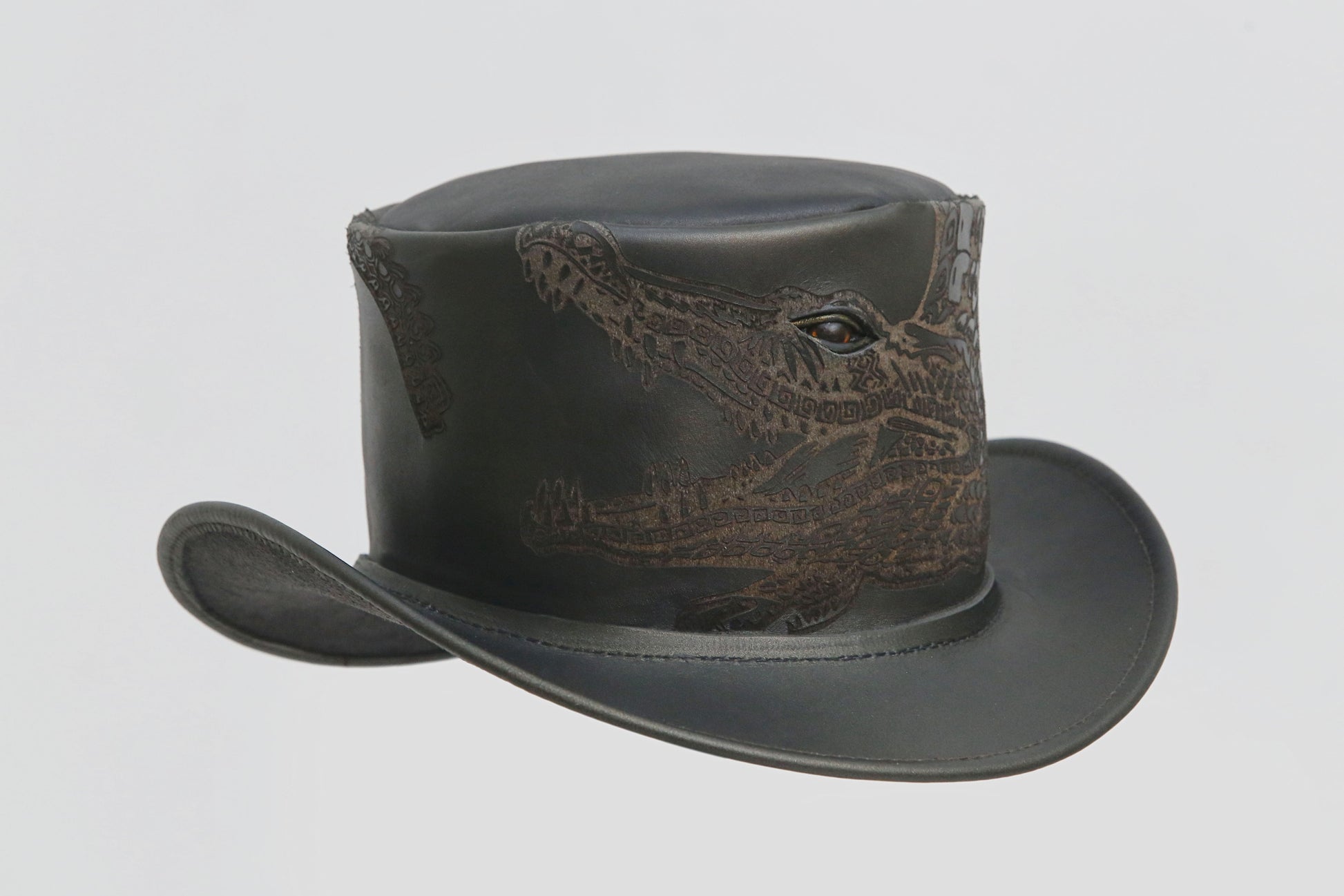 Black Leather Hat with Cobra style Leathers Crafted