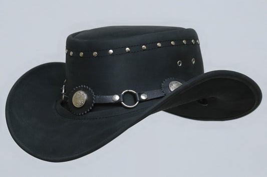 Leather hat with logo Button on front side Leathers Crafted