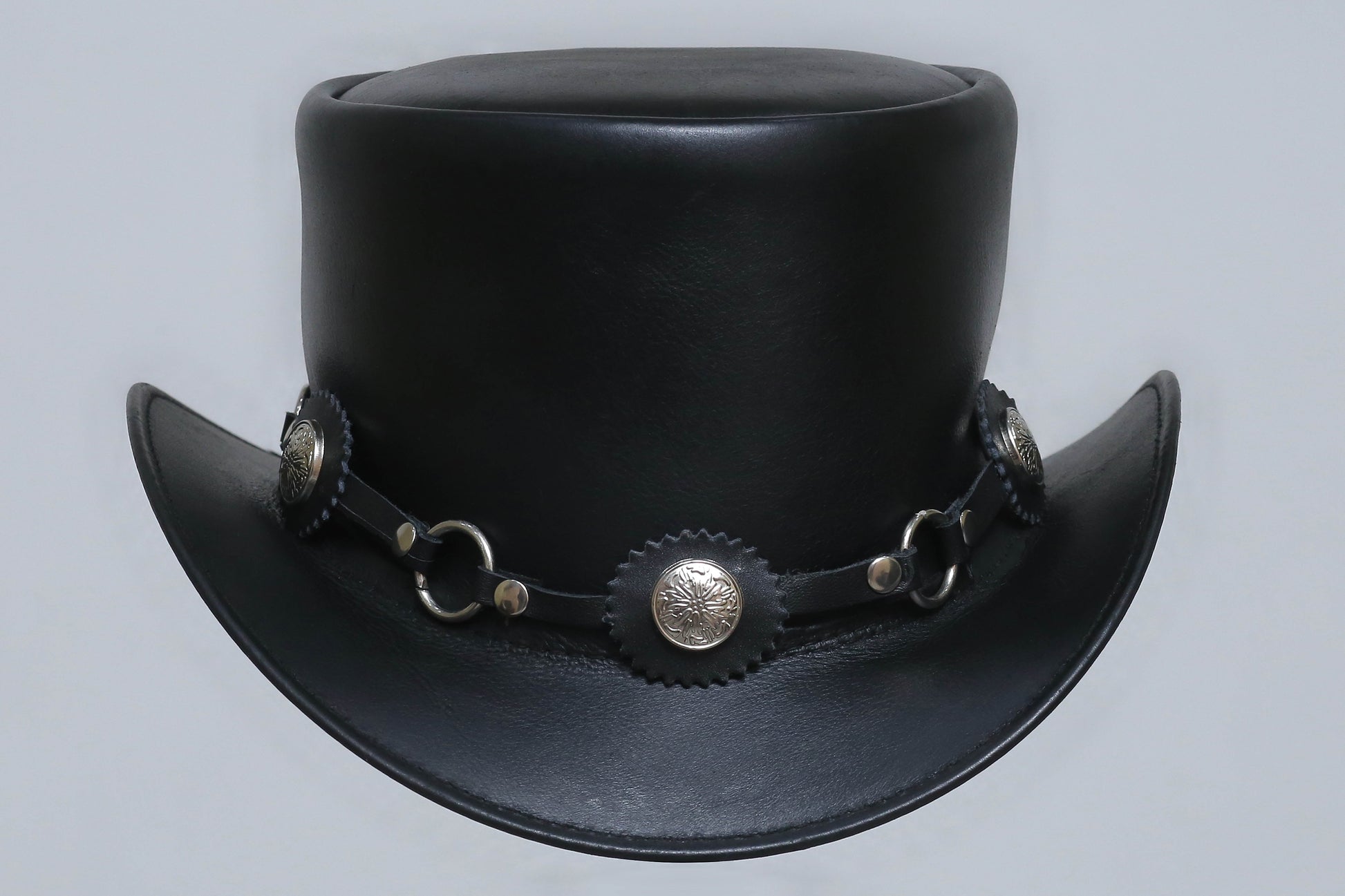Black leather hat With Ring and Metal Logo Leathers Crafted