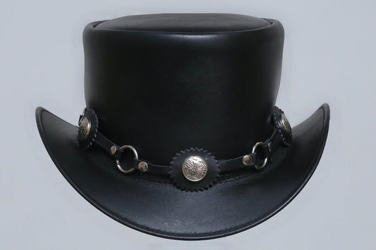 Black leather hat With Ring and Metal Logo Leathers Crafted
