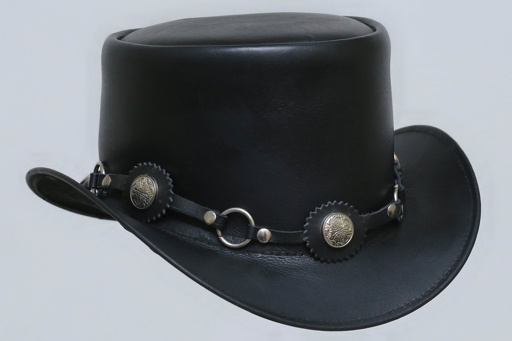 Black leather hat With Ring and Metal Logo Leathers Crafted