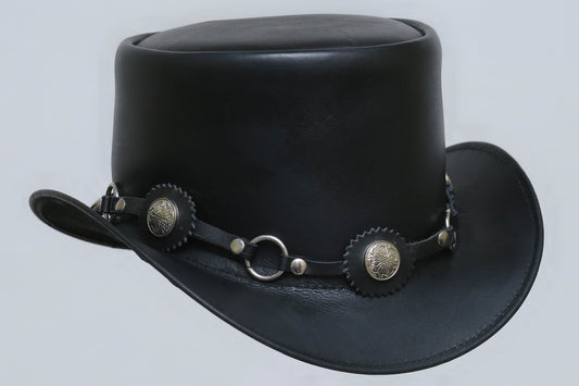 Black leather hat With Ring and Metal Logo Leathers Crafted