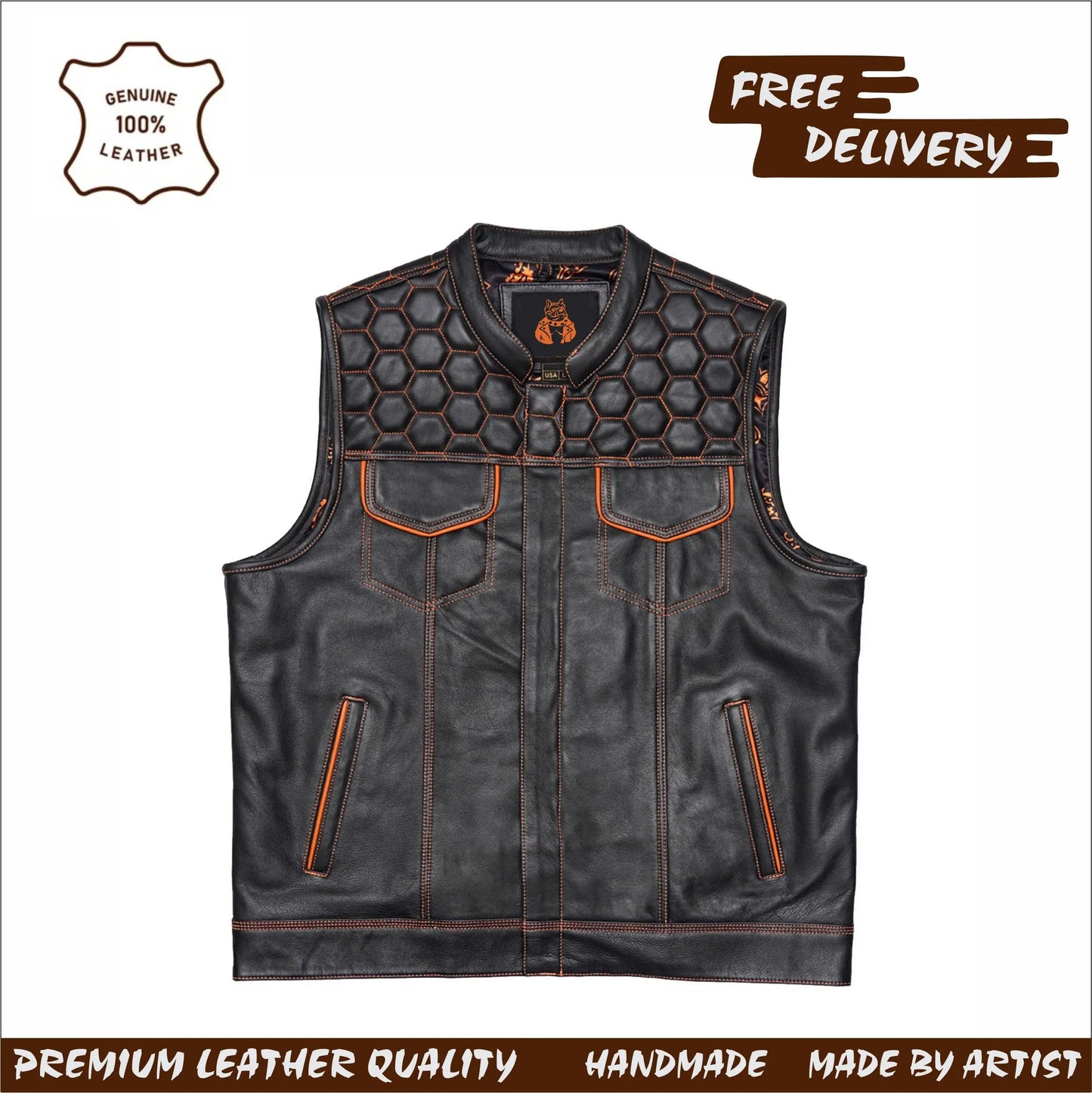 Handmade Black Leather Biker Vest / Motorcycle Vest Leathers Crafted
