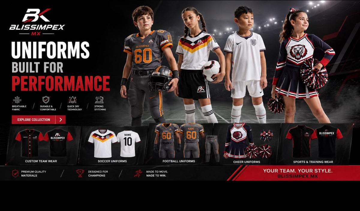 Children wearing sports uniforms with Blissimpex branding on a dark background