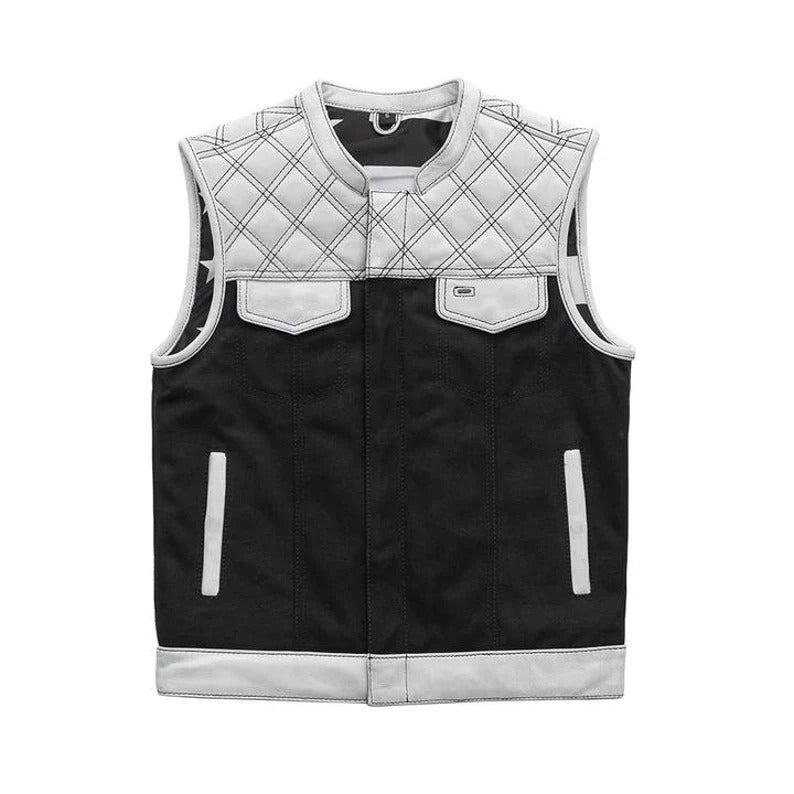 Men's Black and White Quilted Leather Motorcycle Vest Leathers Crafted
