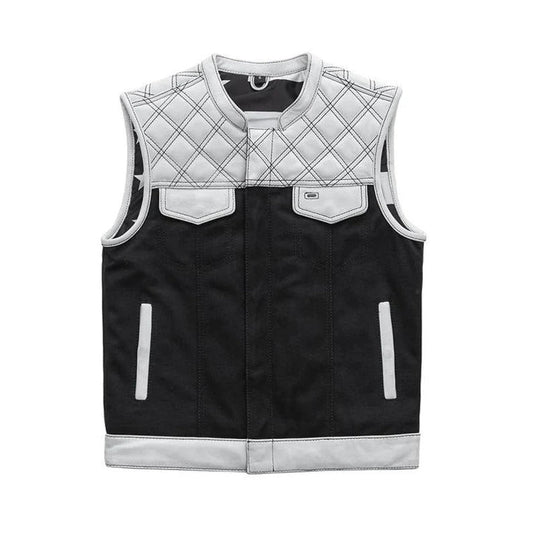 Men's Black and White Quilted Leather Motorcycle Vest Leathers Crafted