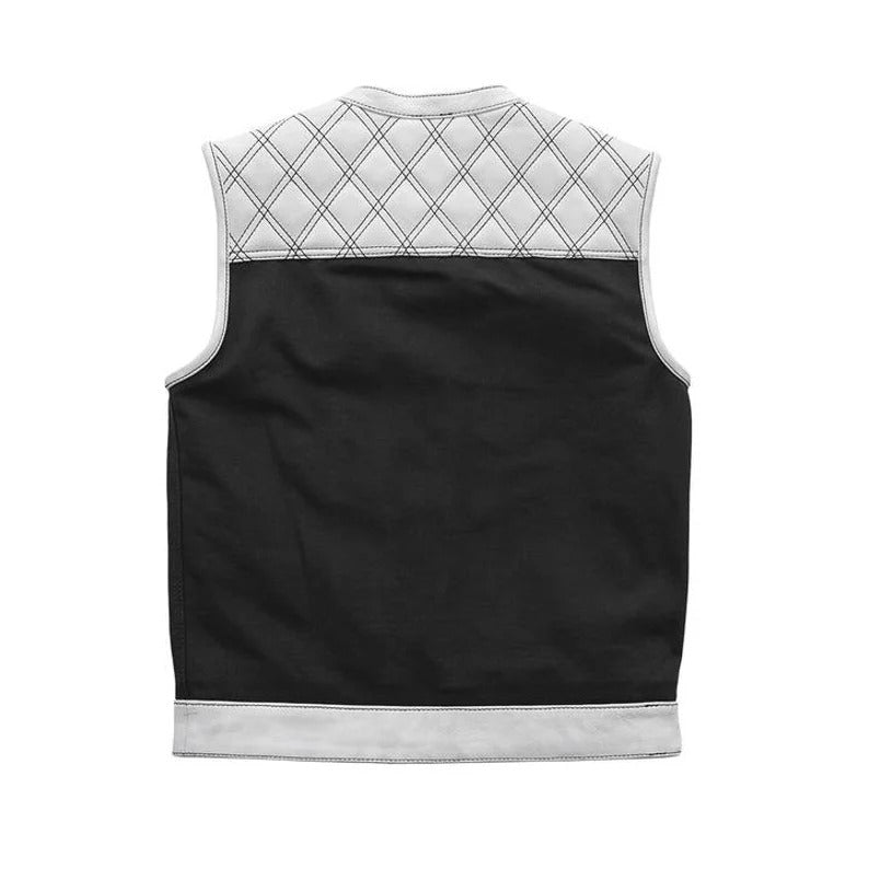 Men's Black and White Quilted Leather Motorcycle Vest Leathers Crafted