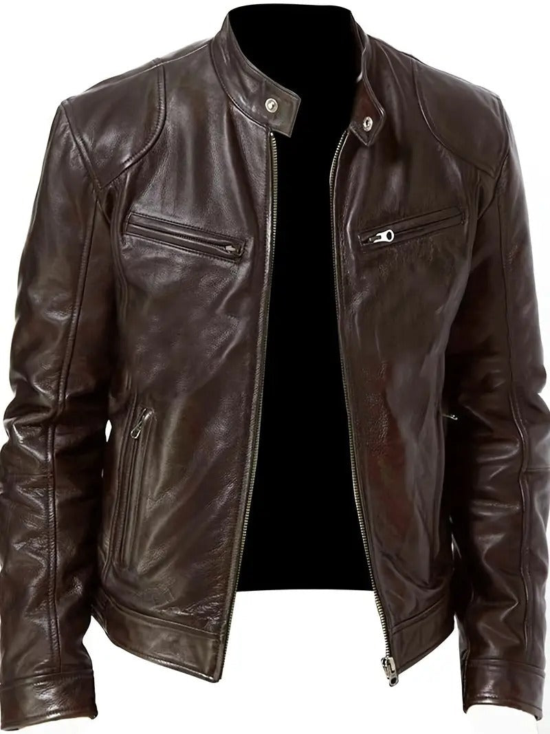 Dark Brown Leather Biker Jacket With Shoulder Panel Leathers Crafted