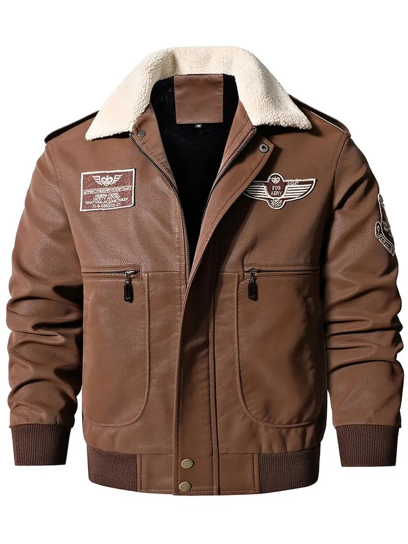 Men's Aviator Bomber Jacket with Patches and Sherpa Collar Leathers Crafted