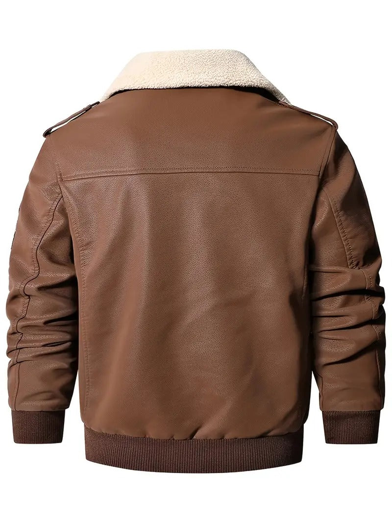 Men's Aviator Bomber Jacket with Patches and Sherpa Collar Leathers Crafted