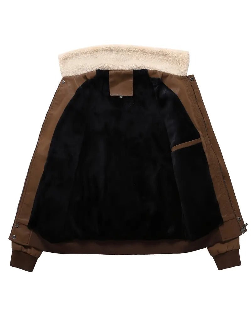 Men's Aviator Bomber Jacket with Patches and Sherpa Collar Leathers Crafted