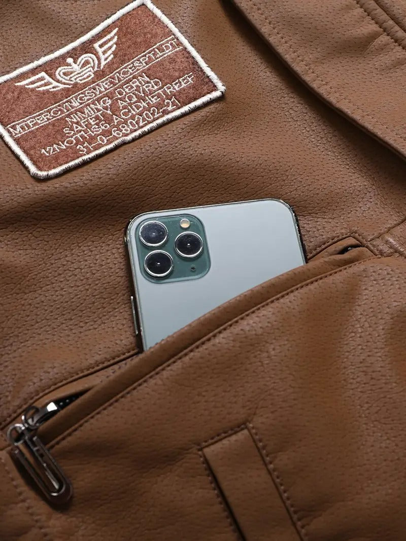 Men's Aviator Bomber Jacket with Patches and Sherpa Collar Leathers Crafted