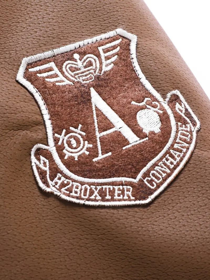 Men's Aviator Bomber Jacket with Patches and Sherpa Collar Leathers Crafted