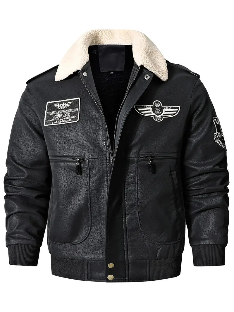 Men's Aviator Bomber Jacket with Patches and Sherpa Collar Leathers Crafted