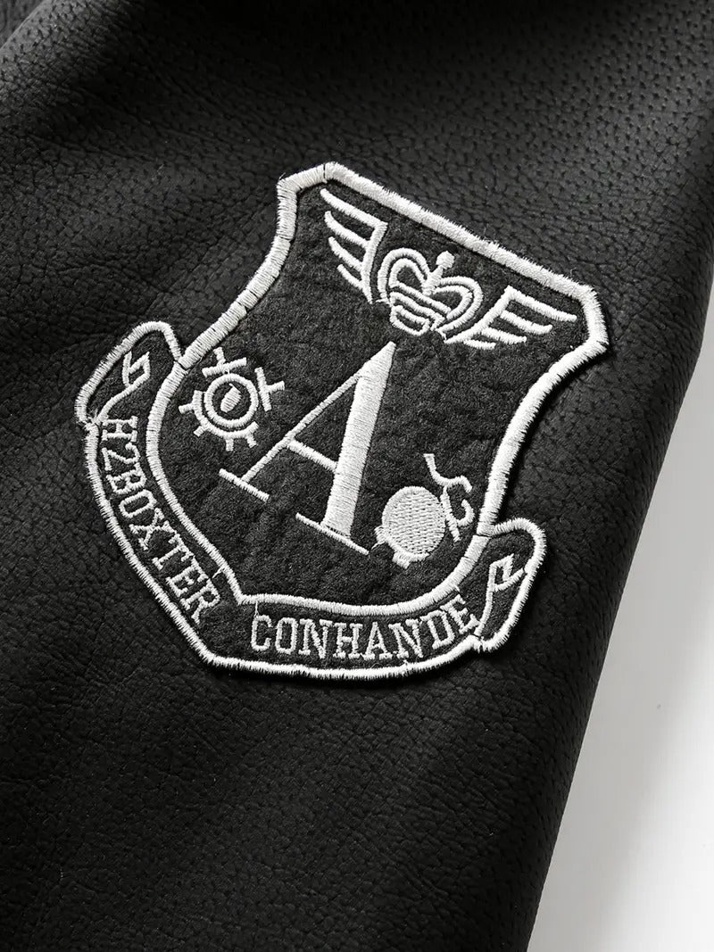 Men's Aviator Bomber Jacket with Patches and Sherpa Collar Leathers Crafted