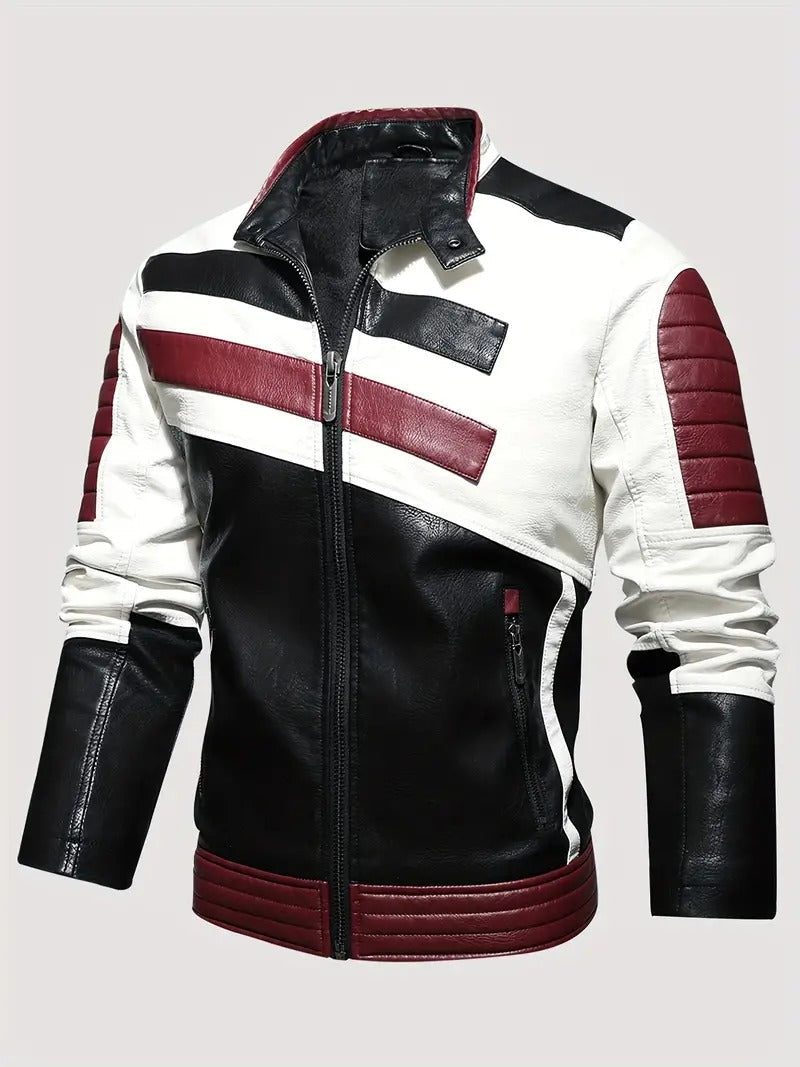 Men's Bold Tri-Color Moto Jacket – Black, White, and Burgundy Leather Biker Style Leathers Crafted