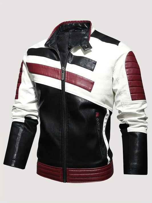 Men's Bold Tri-Color Moto Jacket – Black, White, and Burgundy Leather Biker Style Leathers Crafted