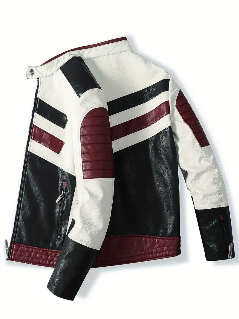 Men's Bold Tri-Color Moto Jacket – Black, White, and Burgundy Leather Biker Style Leathers Crafted