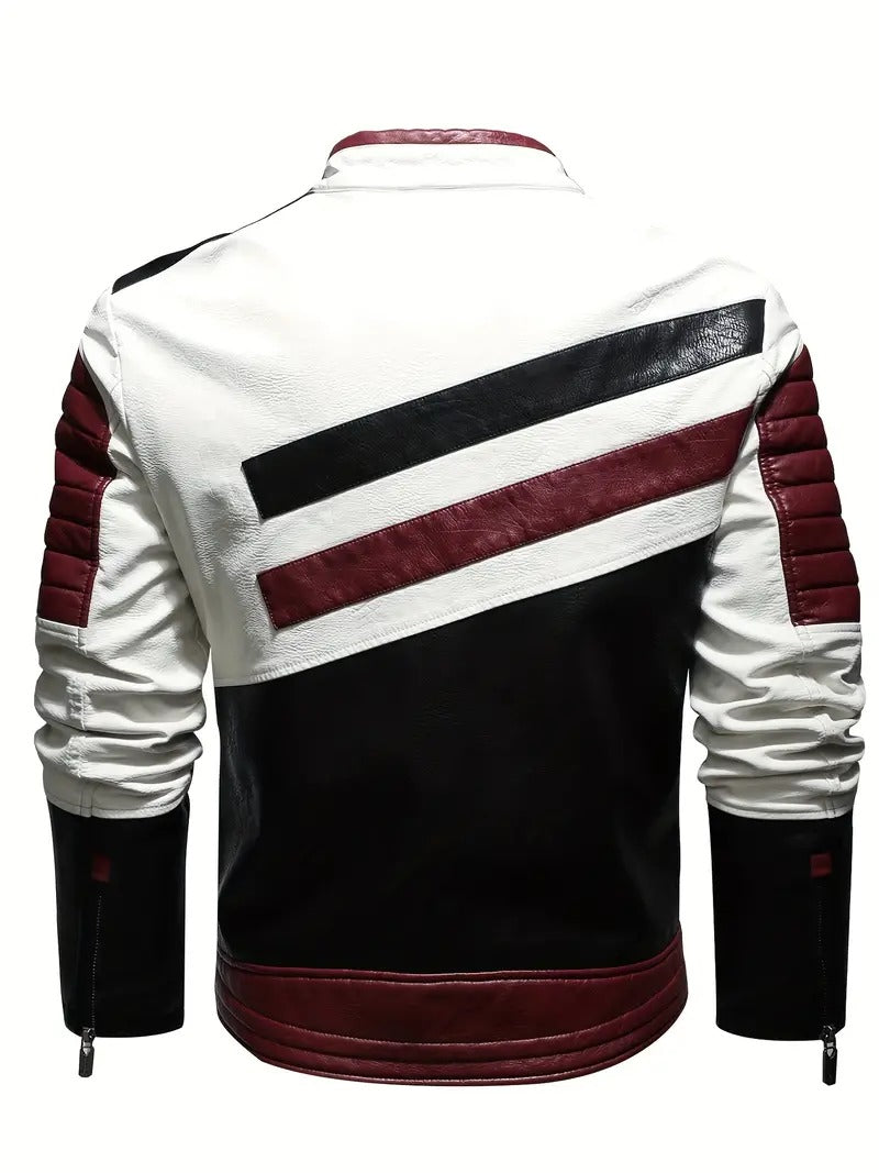 Men's Bold Tri-Color Moto Jacket – Black, White, and Burgundy Leather Biker Style Leathers Crafted