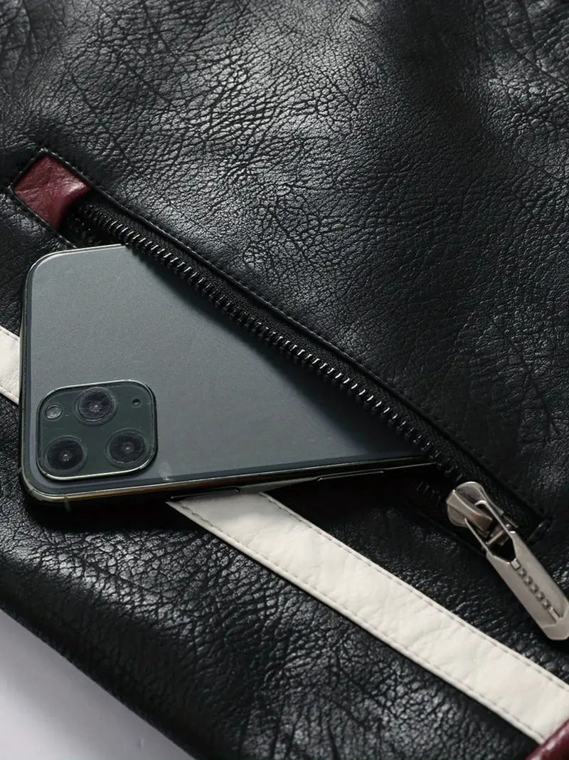 Men's Bold Tri-Color Moto Jacket – Black, White, and Burgundy Leather Biker Style Leathers Crafted