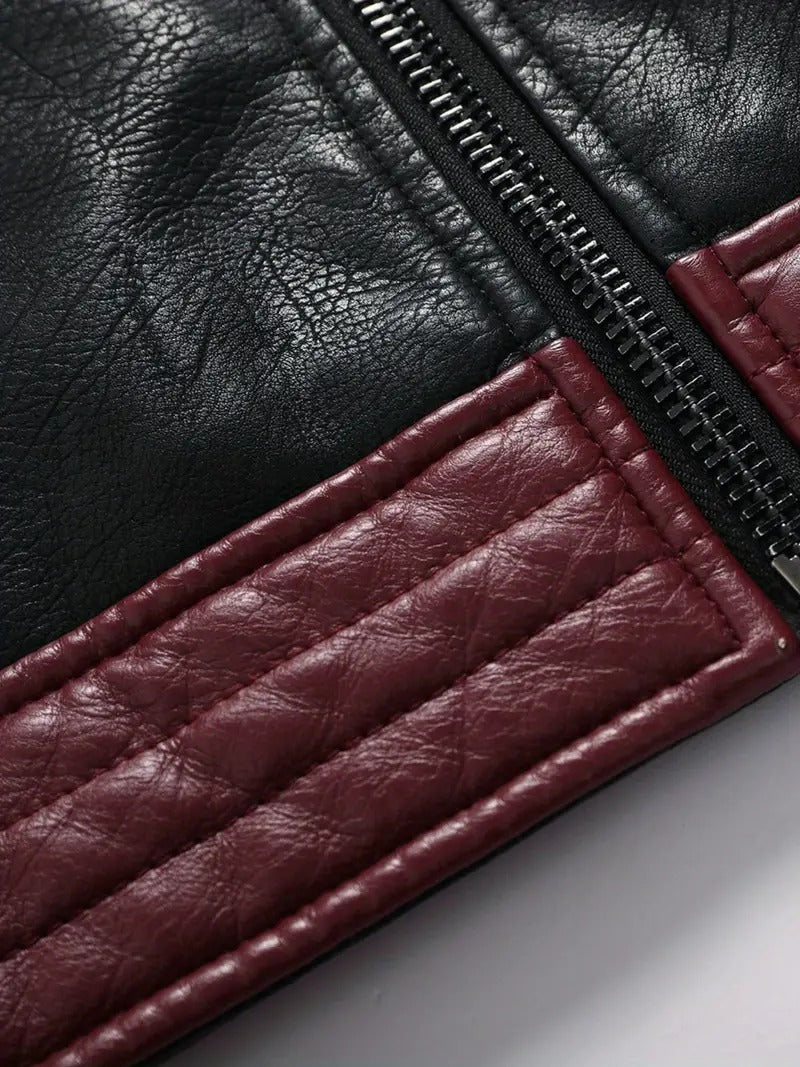 Men's Bold Tri-Color Moto Jacket – Black, White, and Burgundy Leather Biker Style Leathers Crafted