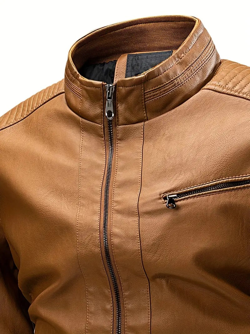 Camel Brown Leather Biker jacket Leathers Crafted