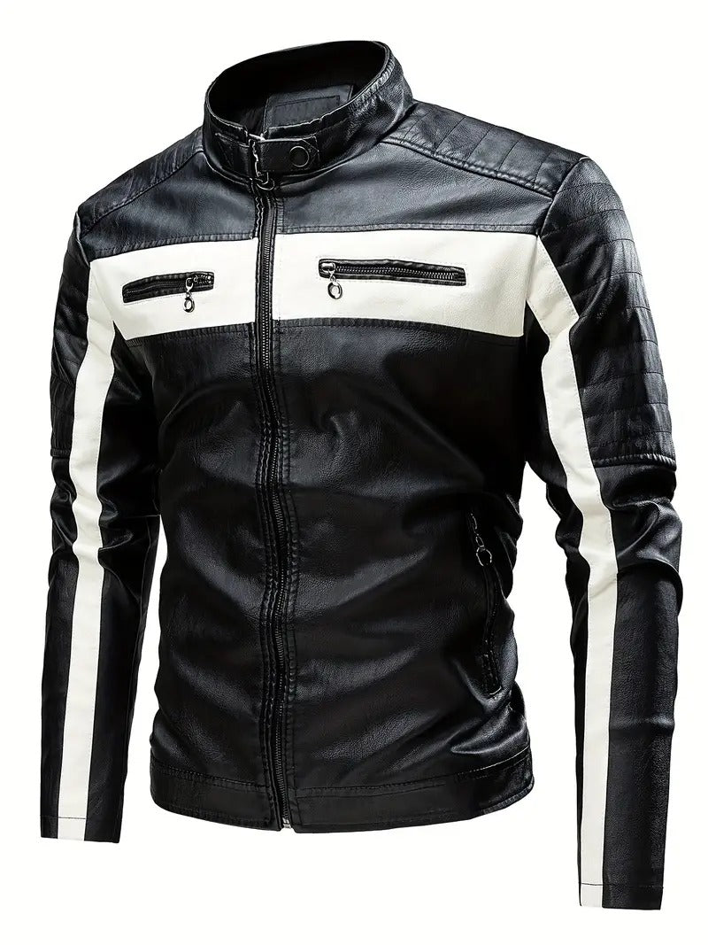 Black/White Cafe Racer Biker Leather Jacket Leathers Crafted