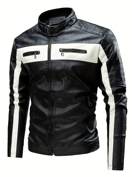 Black/White Cafe Racer Biker Leather Jacket Leathers Crafted