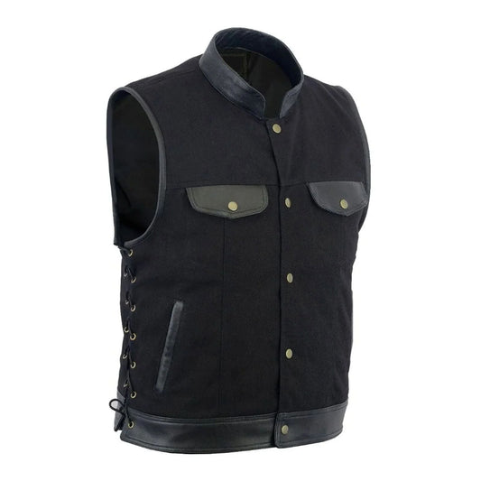 Leather House Men's SOA Trim Denim Vest with Side Laces Leathers Crafted