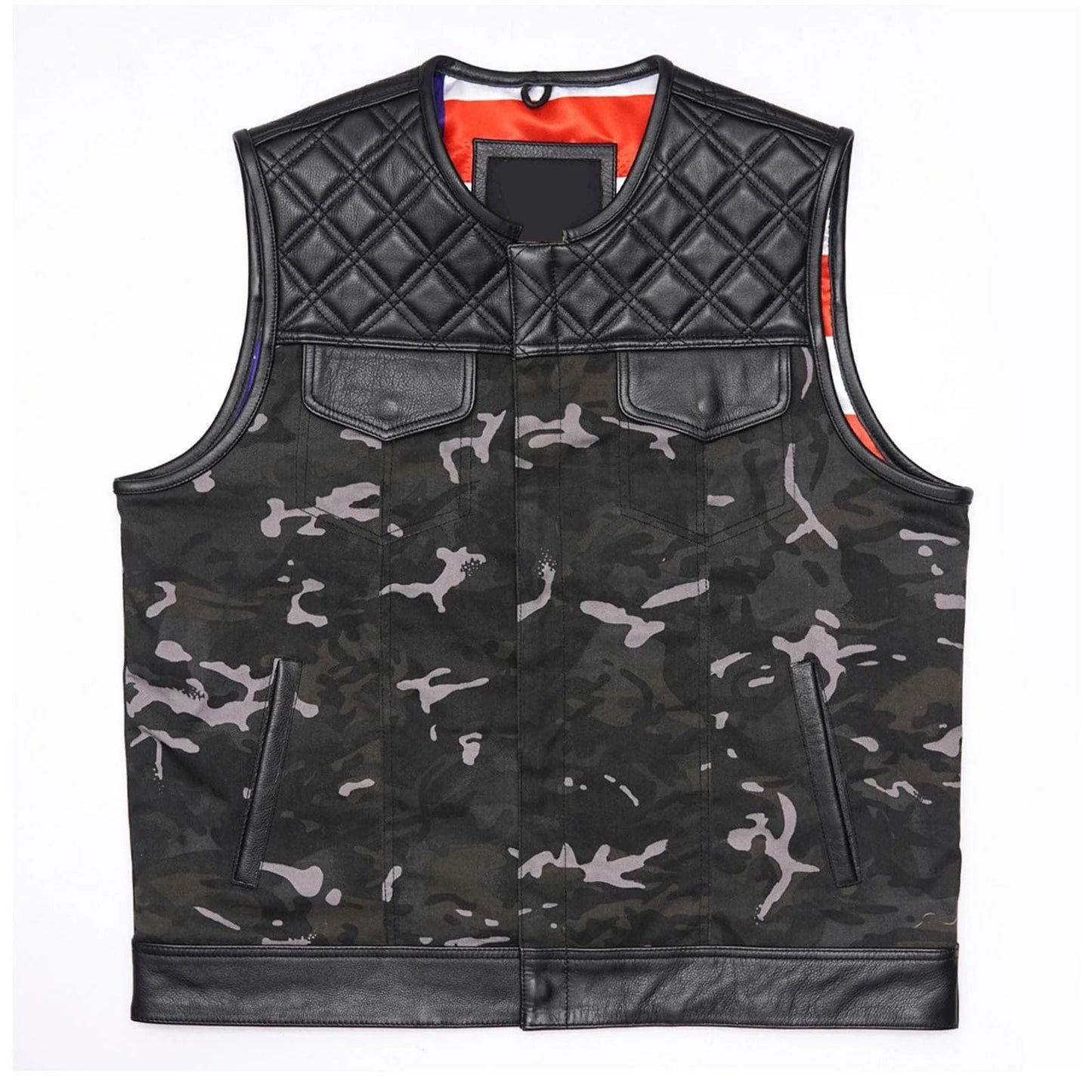 Ride in Style: Black Leather Biker Vest with Camo Flair Leathers Crafted