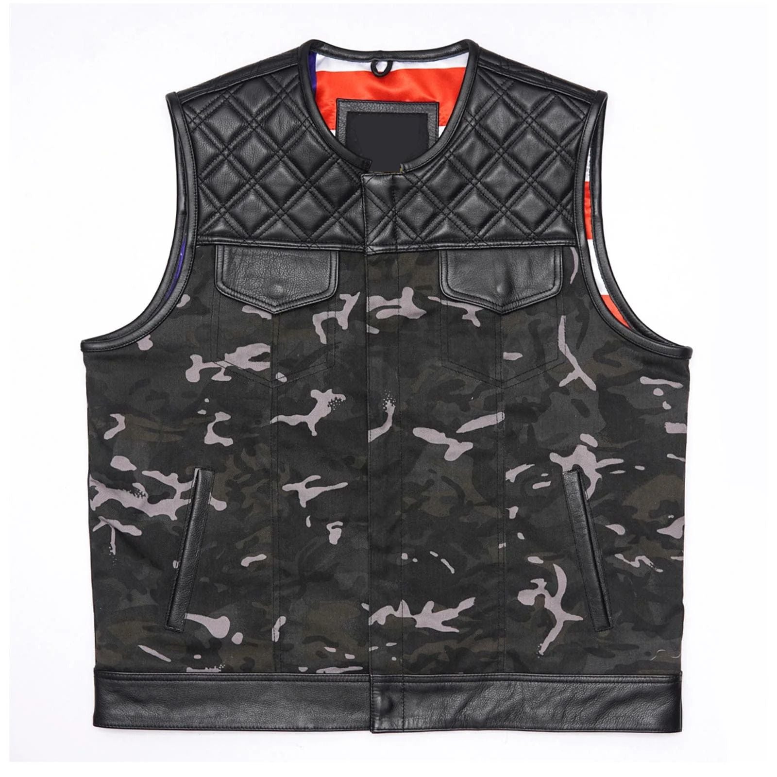 Ride in Style: Black Leather Biker Vest with Camo Flair Leathers Crafted